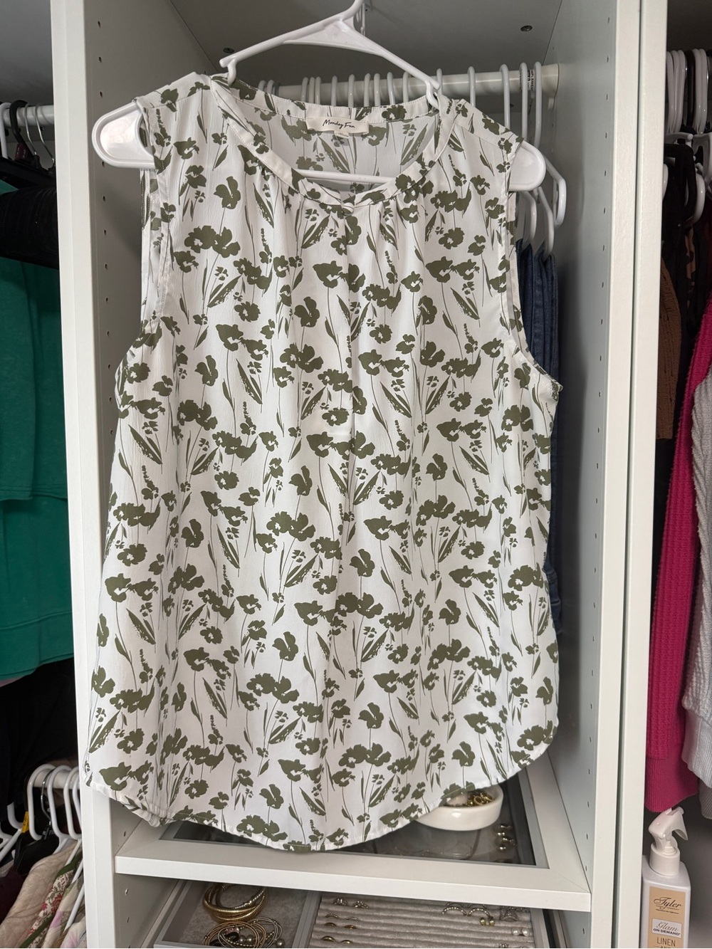 Sleeveless White Camisole with Olive Floral Print - Unknown Brand